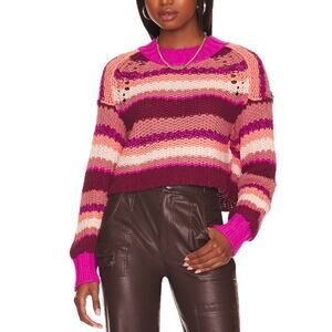 Free People Devon Fuschia Rose Combo Sweater Size S Knitted Cropped Striped